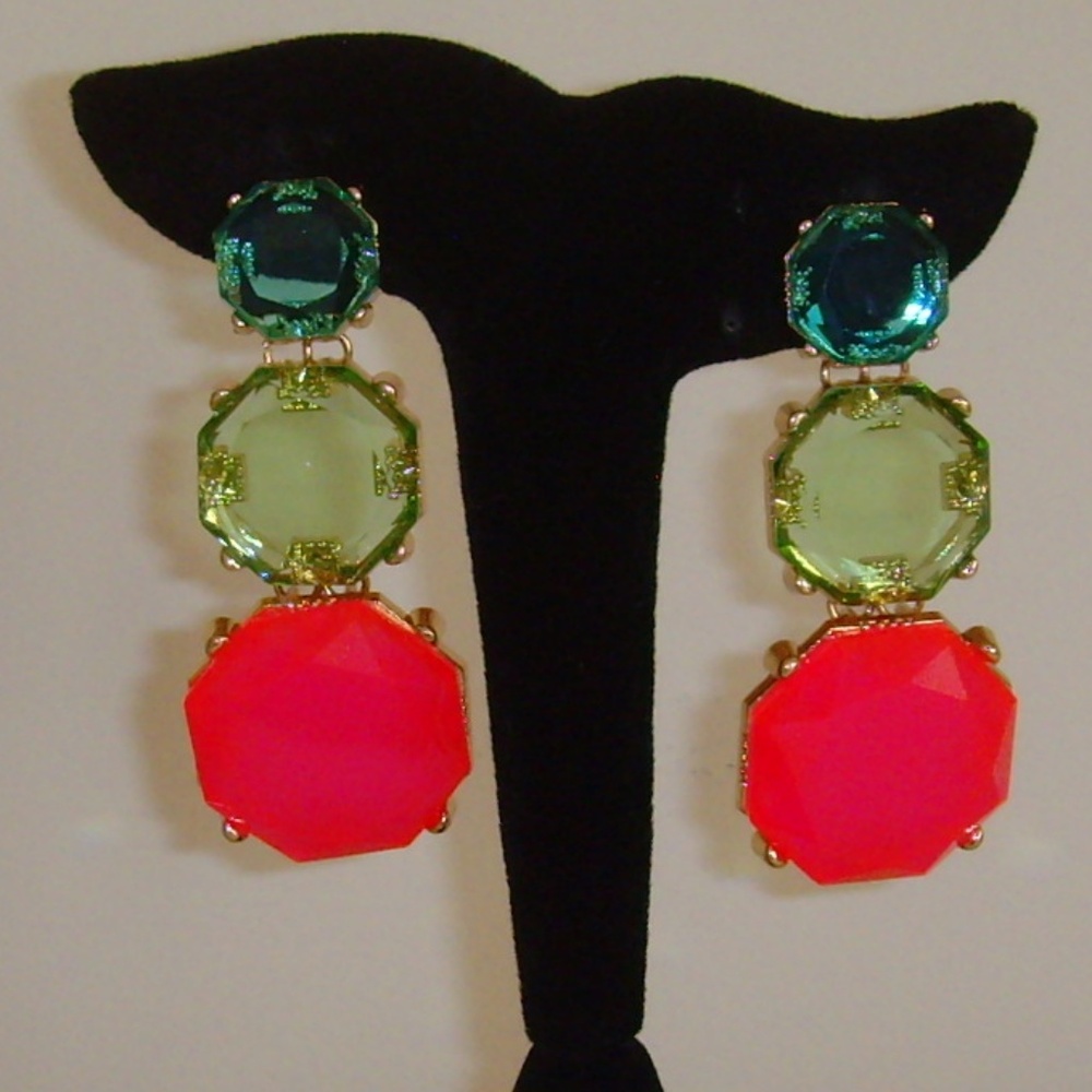 NEW Lucite and Gold-Tone Multi-Colored Crystal Drop Post Back Earrings